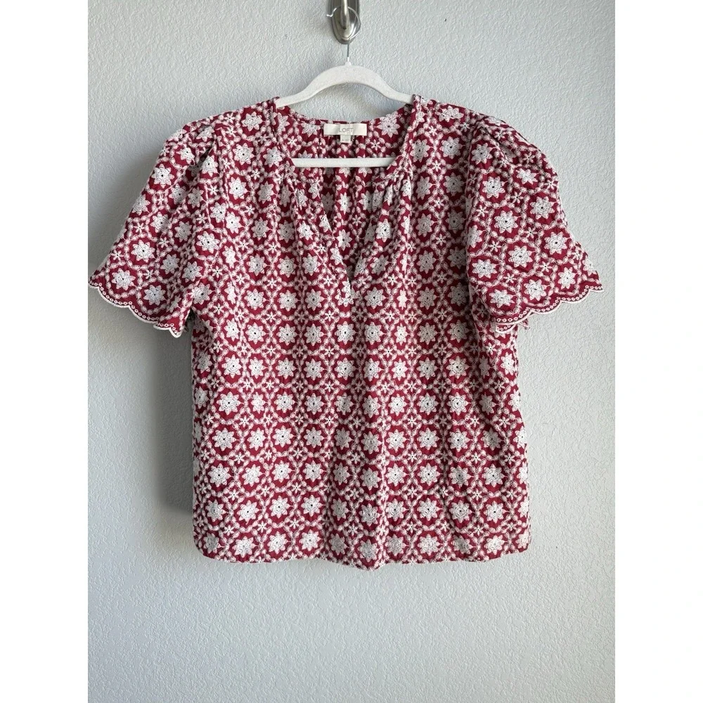 LOFT Floral Eyelet Lace Red Blouse Puff Sleeve Scallop Cottagecore Coquette XL